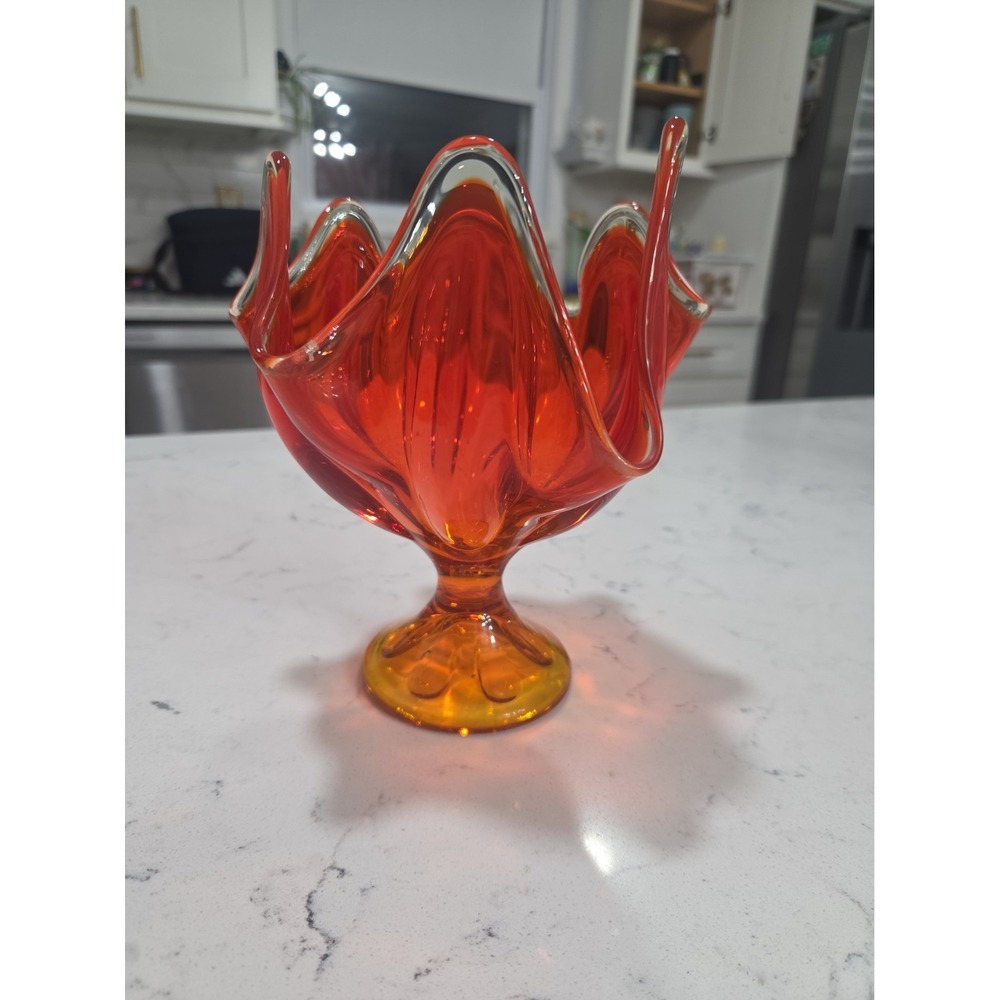 Viking Epic Swung Glass 6 Finger Handkerchief Pedestal Vase Persimmon Amberina